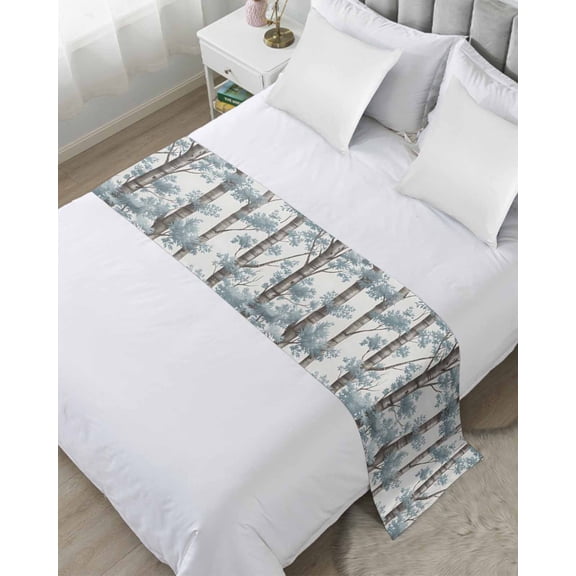 Bed Runner for Twin Size, Nature Forest Decorative Scarf Throws for Foot of Bed, Vintage Watercolor Trees Branch Leaf Luxury Bedding Protector Slipcover Bedrunners for Hotel/Home, 71 x 20 Inch