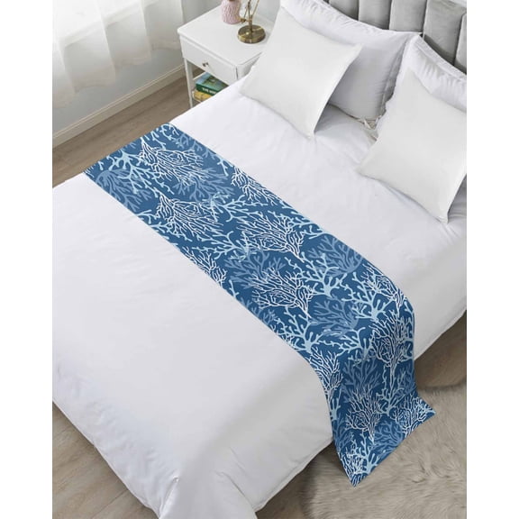 Bed Runner for Twin Size, Navy Blue Coral Coastal Decorative Scarf Throws for Foot of Bed, Ocean Nautical Seaside Beach Luxury Bedding Protector Slipcover Bedrunners for Hotel/Home, 71 x 20 Inch