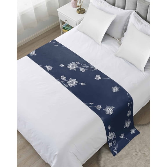 Bed Runner for Twin Size, Navy Blue White Floral Decorative Scarf Throws for Foot of Bed, Abstract Art Summer Botanical Luxury Bedding Protector Slipcover Bedrunners for Hotel/Home, 71 x 20 Inch