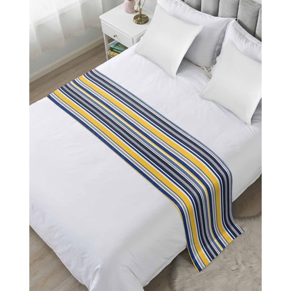 Bed Runner for Twin Size, Navy Blue Yellow Striped Decorative Scarf Throws for Foot of Bed, Farmhouse Vintage Stripe Luxury Bedding Protector Slipcover Bedrunners for Hotel/Home, 71 x 20 Inch