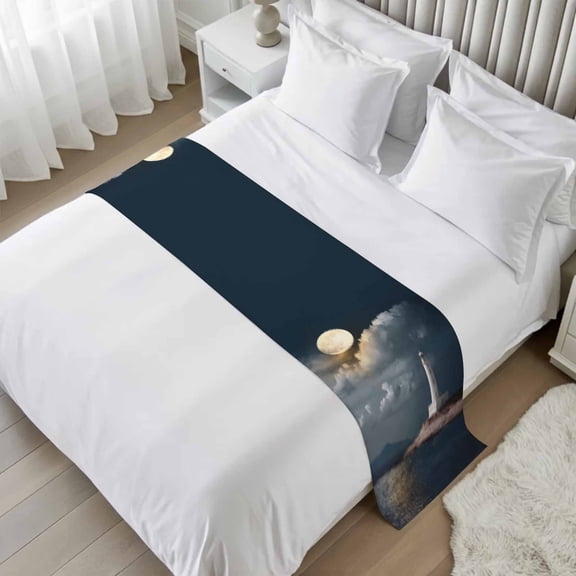Bed Runner for Twin Size, Night Seaside Lighthouse Decorative Scarf Throws for Foot of Bed, Coastal Moonlight Ocean Luxury Bedding Protector Slipcover Bedrunners for Hotel/Home, 71 x 20 Inch
