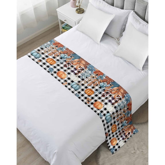 Bed Runner for Twin Size, Orange Blue Pumpkins Fall Decorative Scarf Throws for Foot of Bed, Weeping Botanical Thanksgiving Plaid Luxury Bedding Protector Slipcover Bedrunners for Hotel, 71 x 20 Inch