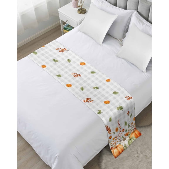Bed Runner for Twin Size, Orange Green Fall Decorative Scarf Throws for Foot of Bed, Pumpkins Botanical Thanksgiving Grey Plaid Luxury Bedding Protector Slipcover Bedrunners for Hotel, 71 x 20 Inch