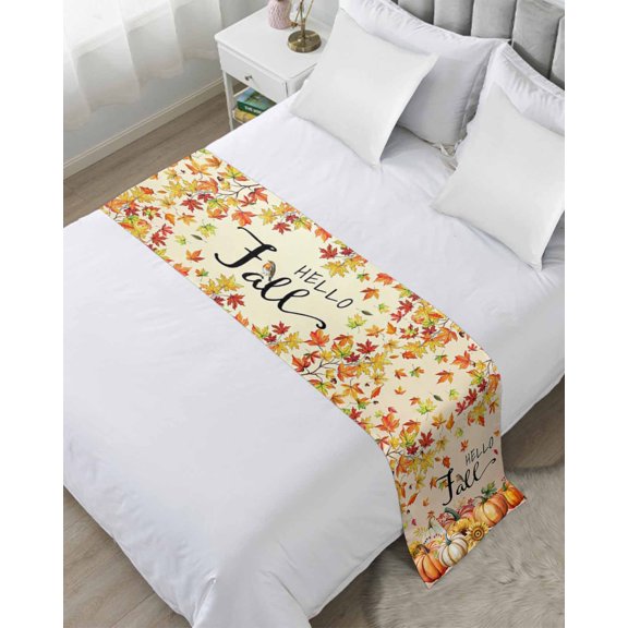 Bed Runner for Twin Size, Orange Hello Fall Decorative Scarf Throws for Foot of Bed, Thanksgiving Pumpkins Maple Leaf Luxury Bedding Protector Slipcover Bedrunners for Hotel/Home, 71 x 20 Inch