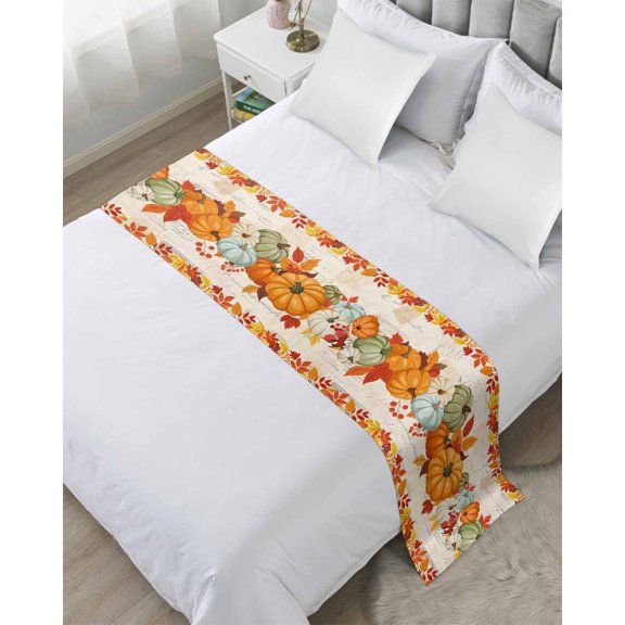 Bed Runner for Twin Size, Orange Pumpkins Fall Decorative Scarf Throws for Foot of Bed, Thanksgiving Maple Leaves Farmhouse Luxury Bedding Protector Slipcover Bedrunners for Hotel/Home, 71 x 20 Inch