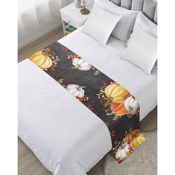 Bed Runner for Twin Size, Orange Pumpkins Fall Decorative Scarf Throws for Foot of Bed, Thanksgiving Sunflower Botanical Leaves Luxury Bedding Protector Slipcover Bedrunners for Hotel, 71 x 20 Inch