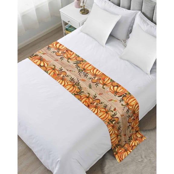 Bed Runner for Twin Size, Orange Yellow Pumpkin Decorative Scarf Throws for Foot of Bed, Thanksgiving Botanical Wooden Leaves Fall Luxury Bedding Protector Slipcover Bedrunners, 71 x 20 Inch