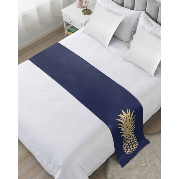 Bed Runner for Twin Size, Pineapple Decorative Scarf Throws for Foot of Bed, Gold Yellow Navy Blue Tropical Fruit Summer Luxury Bedding Protector Slipcover Bedrunners for Hotel/Home, 71 x 20 Inch