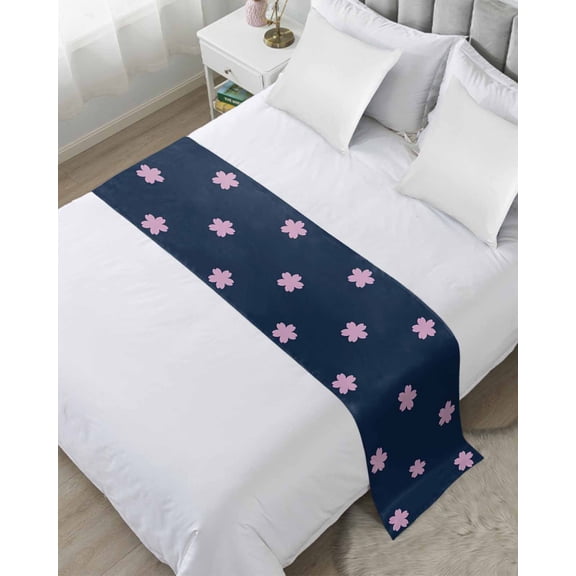 Bed Runner for Twin Size, Pink Flower Decorative Scarf Throws for Foot of Bed, Japanese Style Floral Navy Blue Luxury Bedding Protector Slipcover Bedrunners for Hotel/Home, 71 x 20 Inch