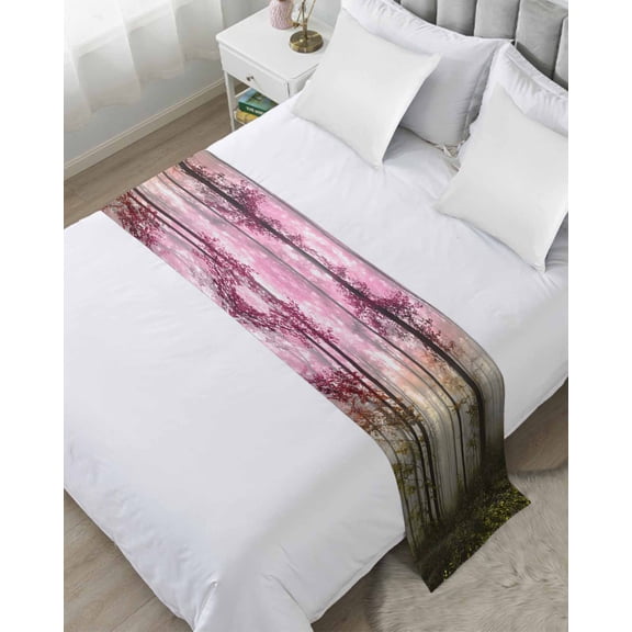 Bed Runner for Twin Size, Pink Forest Decorative Scarf Throws for Foot of Bed, Vintage Foggy Woods Tree Luxury Bedding Protector Slipcover Bedrunners for Hotel/Home, 71 x 20 Inch