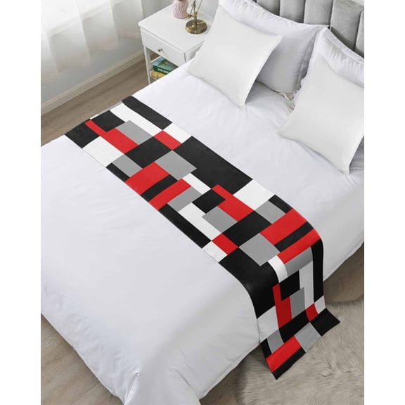 Bed Runner for Twin Size, Red Black Grey Geometric Decorative Scarf Throws for Foot of Bed, Modern Abstract Art Luxury Luxury Bedding Protector Slipcover Bedrunners for Hotel/Home, 71 x 20 Inch