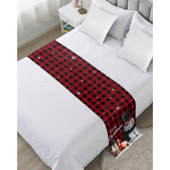 Bed Runner for Twin Size, Red Black Plaid Christmas Decorative Scarf Throws for Foot of Bed, Xmas Snowman Snowflake Candle Luxury Bedding Protector Slipcover Bedrunners for Hotel/Home, 71 x 20 Inch