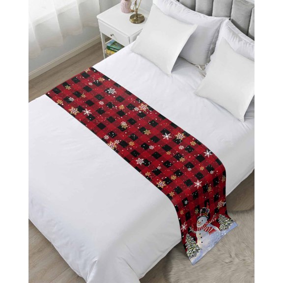Bed Runner for Twin Size, Red Black PlaidChristmas Snowman Decorative Scarf Throws for Foot of Bed, Winter Xmas Tree Snowflakes Luxury Bedding Protector Slipcover Bedrunners for Hotel, 71 x 20 Inch