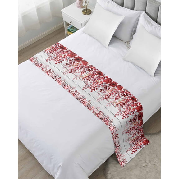 Bed Runner for Twin Size, Red Eucalyptus Leaves Decorative Scarf Throws for Foot of Bed, Summer Botanical Weeping Wooden Luxury Bedding Protector Slipcover Bedrunners for Hotel/Home, 71 x 20 Inch