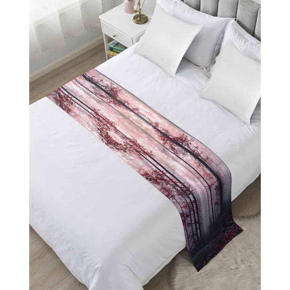 Bed Runner for Twin Size, Red Forest Decorative Scarf Throws for Foot of Bed, Mysterious Vintage Foggy Woods Tree Luxury Bedding Protector Slipcover Bedrunners for Hotel/Home, 71 x 20 Inch