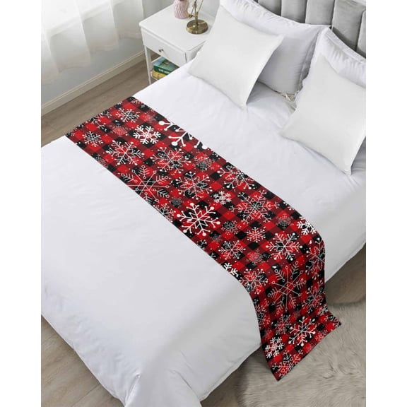 Bed Runner for Twin Size, Red Plaid Snowflake Christmas Decorative Scarf Throws for Foot of Bed, Xmas Snowflake Luxury Bedding Protector Slipcover Bedrunners for Hotel/Home, 71 x 20 Inch