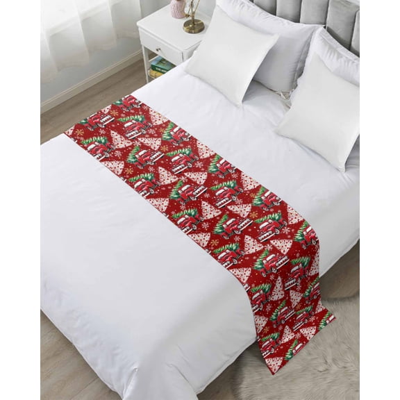 Bed Runner for Twin Size, Red Truck Christmas Decorative Scarf Throws for Foot of Bed, Xmas Tree Snowflake Winter Luxury Bedding Protector Slipcover Bedrunners for Hotel/Home, 71 x 20 Inch