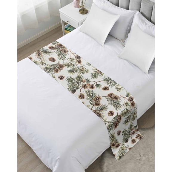 Bed Runner for Twin Size, Sage Green Christmas Decorative Scarf Throws for Foot of Bed, Xmas Botanical Pine Cones Luxury Bedding Protector Slipcover Bedrunners for Hotel/Home, 71 x 20 Inch