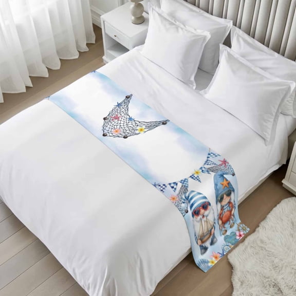 Bed Runner for Twin Size, Summer Gnomes Nautical Decorative Scarf Throws for Foot of Bed, Blue Coastal Blue Ombre Luxury Bedding Protector Slipcover Bedrunners for Hotel/Home, 71 x 20 Inch
