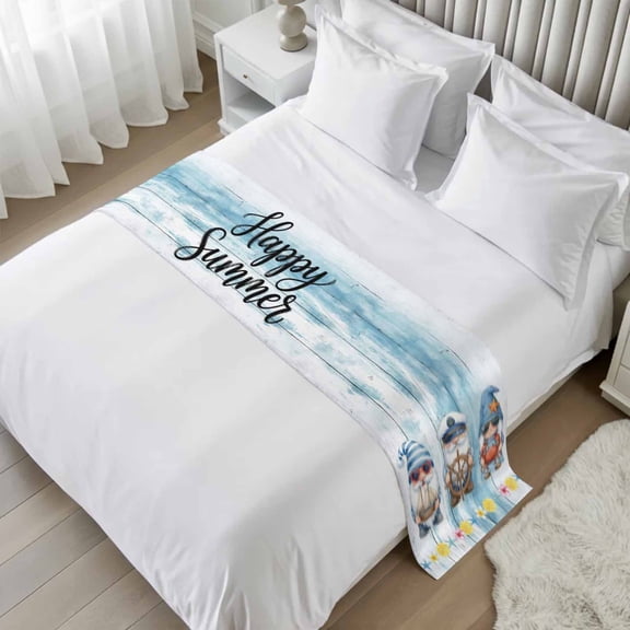 Bed Runner for Twin Size, Summer Gnomes Nautical Decorative Scarf Throws for Foot of Bed, Blue Floral Starfish Wooden Luxury Bedding Protector Slipcover Bedrunners for Hotel/Home, 71 x 20 Inch