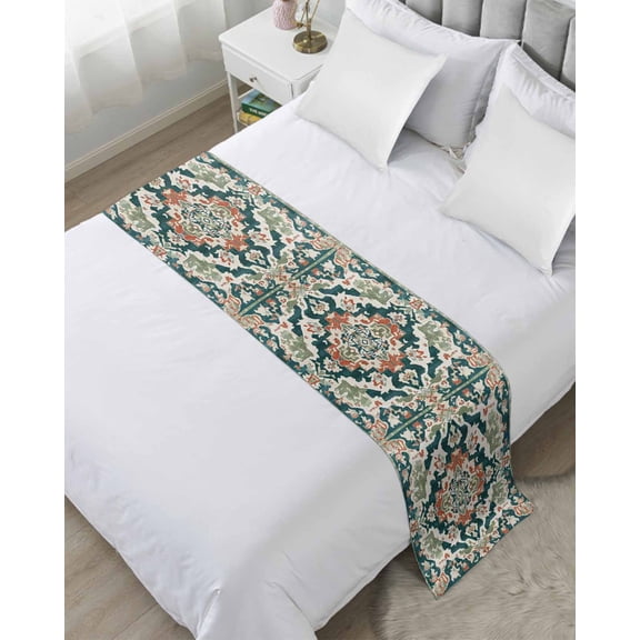 Bed Runner for Twin Size, Teal Green Boho Boho Decorative Scarf Throws for Foot of Bed, Abstract Medieval Vintage Floral Luxury Bedding Protector Slipcover Bedrunners for Hotel/Home, 71 x 20 Inch