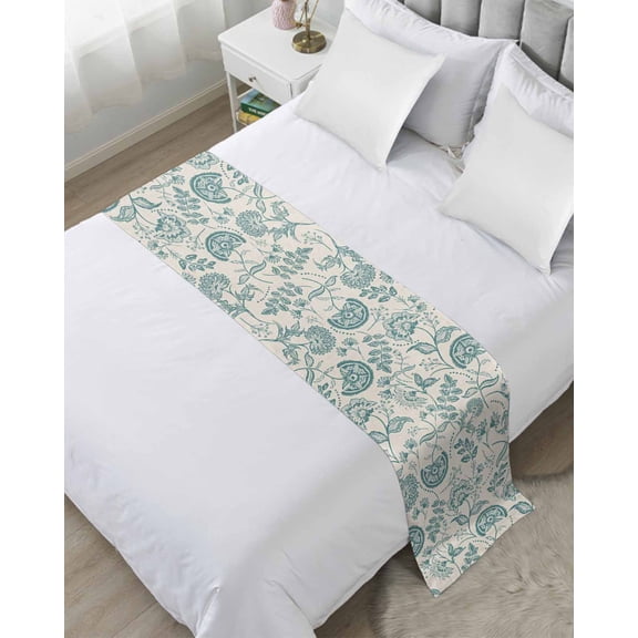 Bed Runner for Twin Size, Teal Green Spring Floral Decorative Scarf Throws for Foot of Bed, Retro Farmhouse Summer Botanical Luxury Bedding Protector Slipcover Bedrunners for Hotel, 71 x 20 Inch