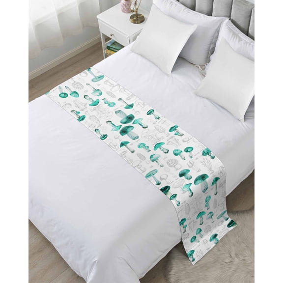 Bed Runner for Twin Size, Teal Mushroom Decorative Scarf Throws for Foot of Bed, Vintage Botanical Autumn Farmhouse Luxury Bedding Protector Slipcover Bedrunners for Hotel/Home, 71 x 20 Inch