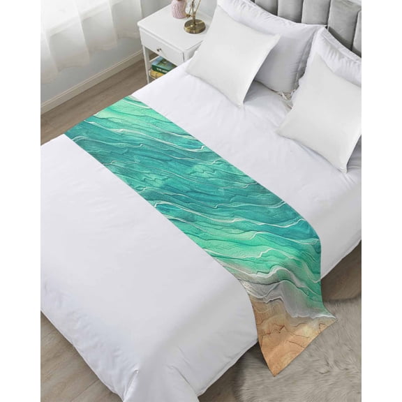 Bed Runner for Twin Size, Teal Ombre Coastal Decorative Scarf Throws for Foot of Bed, Summer Nautical Beach Ocean Seaside Luxury Bedding Protector Slipcover Bedrunners for Hotel/Home, 71 x 20 Inch