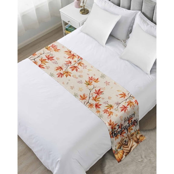 Bed Runner for Twin Size, Thanksgiving Dog Decorative Scarf Throws for Foot of Bed, Sunflower Pumpkin Country Maple Leaf Luxury Bedding Protector Slipcover Bedrunners for Hotel/Home, 71 x 20 Inch