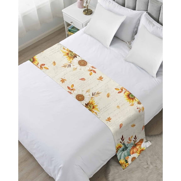 Bed Runner for Twin Size, Thanksgiving Pumpkin Decorative Scarf Throws for Foot of Bed, Fall Sunflower Leaves Vintage Luxury Bedding Protector Slipcover Bedrunners for Hotel/Home, 71 x 20 Inch