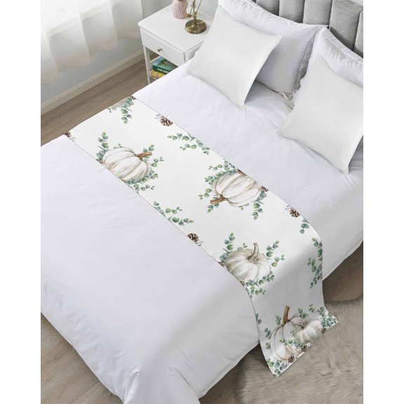 Bed Runner for Twin Size, Thanksgiving Pumpkins Decorative Scarf Throws for Foot of Bed, Fall Eucalyptus Leaves Autumn Luxury Bedding Protector Slipcover Bedrunners for Hotel/Home, 71 x 20 Inch