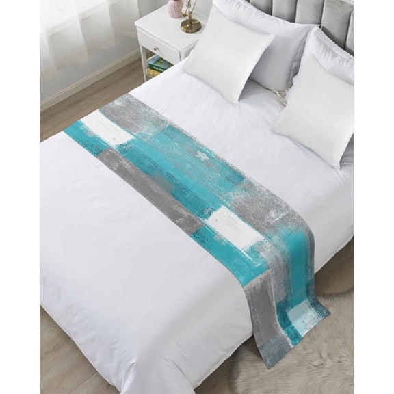 Bed Runner for Twin Size, Turquoise Grey Ombre Decorative Scarf Throws for Foot of Bed, Abstract Vintage Oil Painting Luxury Bedding Protector Slipcover Bedrunners for Hotel/Home, 71 x 20 Inch