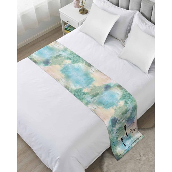 Bed Runner for Twin Size, Turquoise Ombre Dragonfly Decorative Scarf Throws for Foot of Bed, Abstract Modern Art Gradient Luxury Bedding Protector Slipcover Bedrunners for Hotel/Home, 71 x 20 Inch