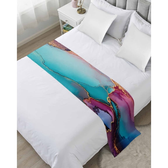 Bed Runner for Twin Size, Turquoise Pink Blue Decorative Scarf Throws for Foot of Bed, Modern Gradient Abstract Marble Luxury Bedding Protector Slipcover Bedrunners for Hotel/Home, 71 x 20 Inch