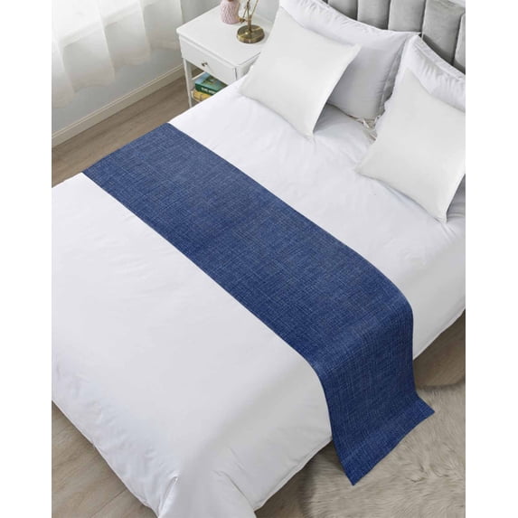 Bed Runner for Twin Size, Vintage Navy Blue Decorative Scarf Throws for Foot of Bed, Farmhouse Retro Dark Solid Color Linen Texture Luxury Bedding Protector Slipcover Bedrunners, 71 x 20 Inch