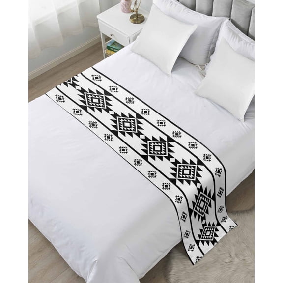Bed Runner for Twin Size, White Black Boho Decorative Scarf Throws for Foot of Bed, Southwest Ethnic Abstract Geometric Luxury Bedding Protector Slipcover Bedrunners for Hotel/Home, 71 x 20 Inch