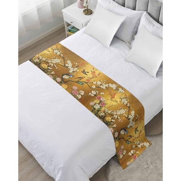 Bed Runner for Twin Size, White Spring Floral Decorative Scarf Throws for Foot of Bed, Farmhouse Birds Flowers Branches Luxury Bedding Protector Slipcover Bedrunners for Hotel/Home, 71 x 20 Inch
