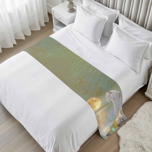 Bed Runner for Twin Size, White Tiger Moon Night Decorative Scarf Throws for Foot of Bed, Abstract Art Lake Aesthetic Luxury Bedding Protector Slipcover Bedrunners for Hotel/Home, 71 x 20 Inch