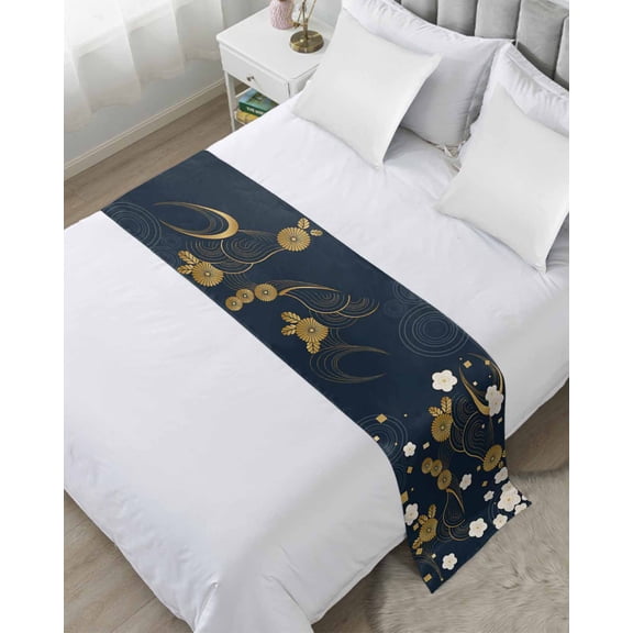 Bed Runner for Twin Size, Yellow Flower Decorative Scarf Throws for Foot of Bed, Japanese Style Floral Leaf Textured Navy Blue Luxury Bedding Protector Slipcover Bedrunners for Hotel, 71 x 20 Inch