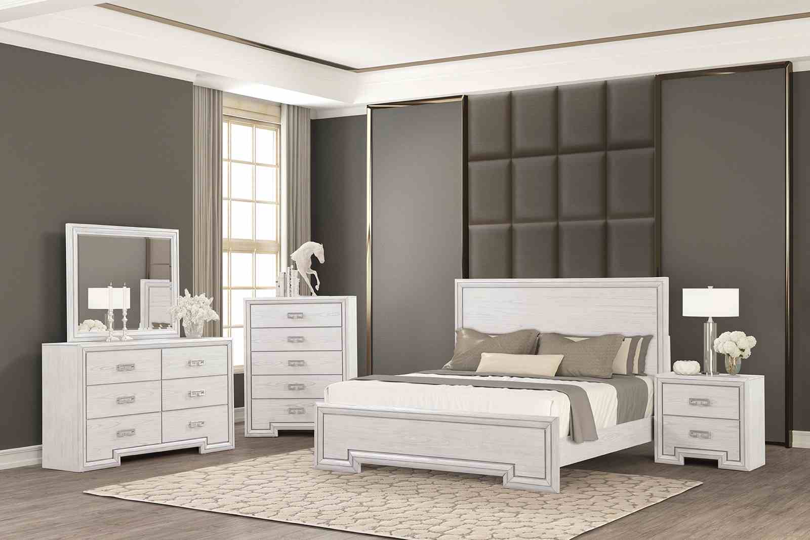 Bed Rustic White Queen - Beveled Mirror Transitional