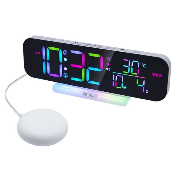 Bed Shaker Alarm - Loud for Hearing Impaired、Heavy Sleepers, with Flash & Large Display, Shows Week/Date/Temp (White)