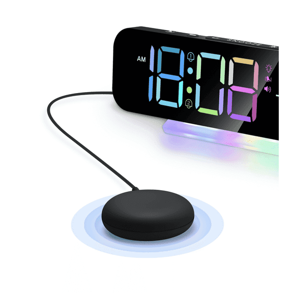 Bed Shaker Alarm - Loud for Hearing Impaired、Heavy Sleepers, with Flash & Large Display, Shows Week/Date/Temp (Black)