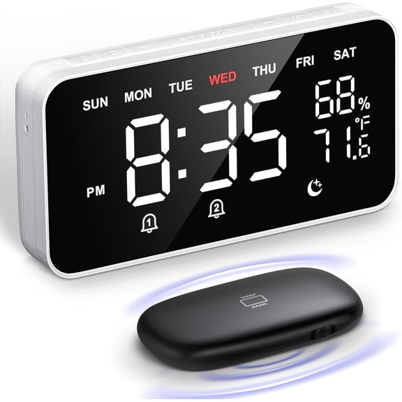 Bed Shaker Loud Alarm Clock for Heavy Sleepers Adults, Vibrating Dual Clocks Bedrooms, Large Display Auto Dimmer,Temperature & Humidity Detect, 7-Day Programmable, Ideal Gift