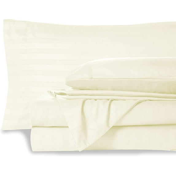 Bed Sheet 6 Piece, 100% Egyptian Cotton, 15" Deep Pocket, 600 Thread Count - Ivory Stripe, Twin XL Size.