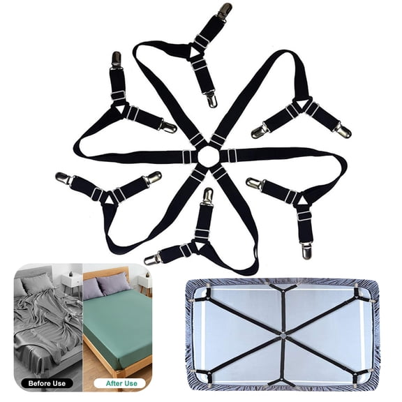 Bed Sheet Clips 6-Side Heavy Duty Triangle Sheet Clips Adjustable Elastic Sheet Straps Suspenders Crisscross Design Keeps Sheets in Place Fits Mattress Depth 6"-18" Black