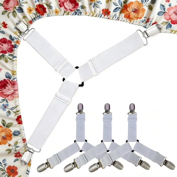 Bed Sheet Fastener, Non-Slip Bed Sheet Holder & Fitted Sheet Straps, Bed Sheet Clips for All Bed Sizes, Sofa Covers, Electric Blankets, Easy Install 4 Pack White