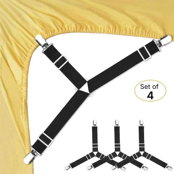 Bed Sheet Fasteners, Adjustable Triangle Heavy Duty Elastic Sheet Band Straps Suspenders Corner Gripper Holder Clip for Fitted Bed Sheets, Mattress Pad Covers, Sofa Cushion - Black 4 pcs