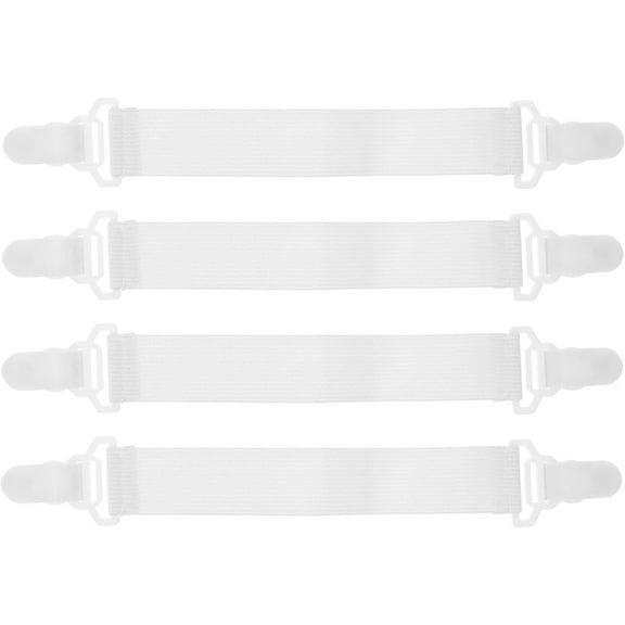 Bed Sheet Grippers with Plastic Clips and Rubber Button Hooks, White Elastic Garter Straps for Secure Bedding Fastening, Wrinkle-Free Mattress Holder Straps for Home Use (4 Pack)