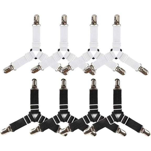 Bed Sheet Holder Straps Adjustable Triangle Sheet Straps Fitted Sheet Straps Suspenders Fastener Grippers Corner for King Queen Twin Size, Mattress Covers, Sofa Cushion (Black+White, 8 Pack)