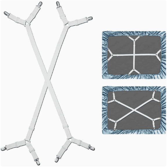 Bed Sheet Holder Straps Criss-Cross - Sheets Stays Suspenders Keeping Fitted Or Flat Bedsheet in Place - for Twin Queen King Mattress Holders Elastic Clips Grippers Fasteners Garters Bands